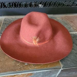 Sonni Glenover Orange Rust Red Wide Brim Wool Felt hat Feather Accent vintage